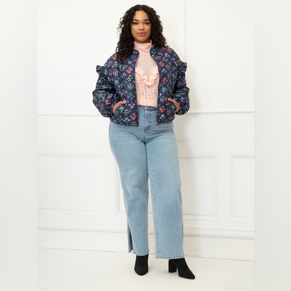 Eloquii Women’s floral puffer bomber jacket, blue winter coat, size 14 plus size - Picture 1 of 12
